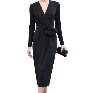 Vtg Joan Leslie Black Ruched Fan Stretch Midi Dress Women’s 6 Classic Career